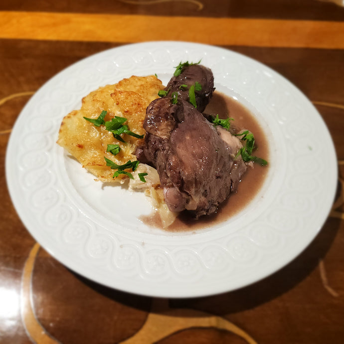 Coq au Vin and Potato-Celeriac Dauphinois (Serves 2+)